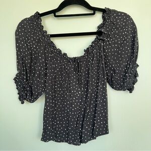 Billabong White and Blue Ruffled Puff Sleeve Blouse